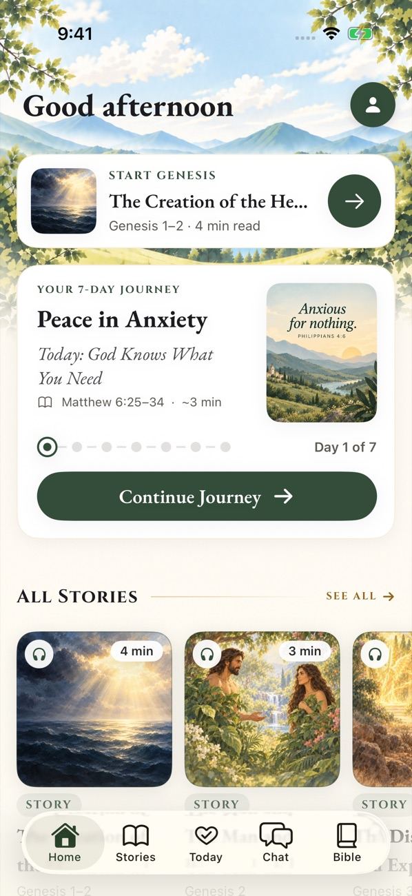 Haven's Home screen: a Start Genesis card, a 7-day Peace in Anxiety Journey on Day 1, and a row of illustrated Bible stories.