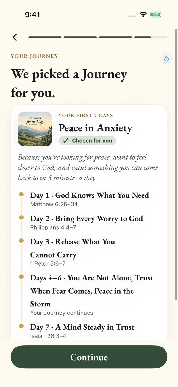 Haven picks a 7-day Journey: Peace in Anxiety, with Day 1 'God Knows What You Need' from Matthew 6:25–34.